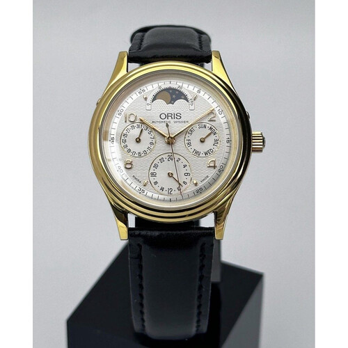 SOLD 35mm Oris Gold Moon Phase Triple Calendar Complication E S Watches